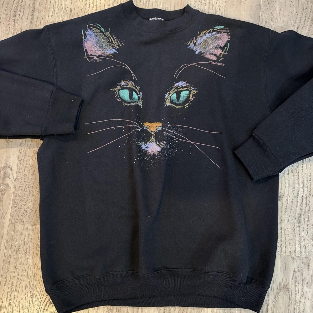 VTG‎ 90s Cat Crewneck Pullover Sweatshirt Black USA Tultex Heavyweight Women's L